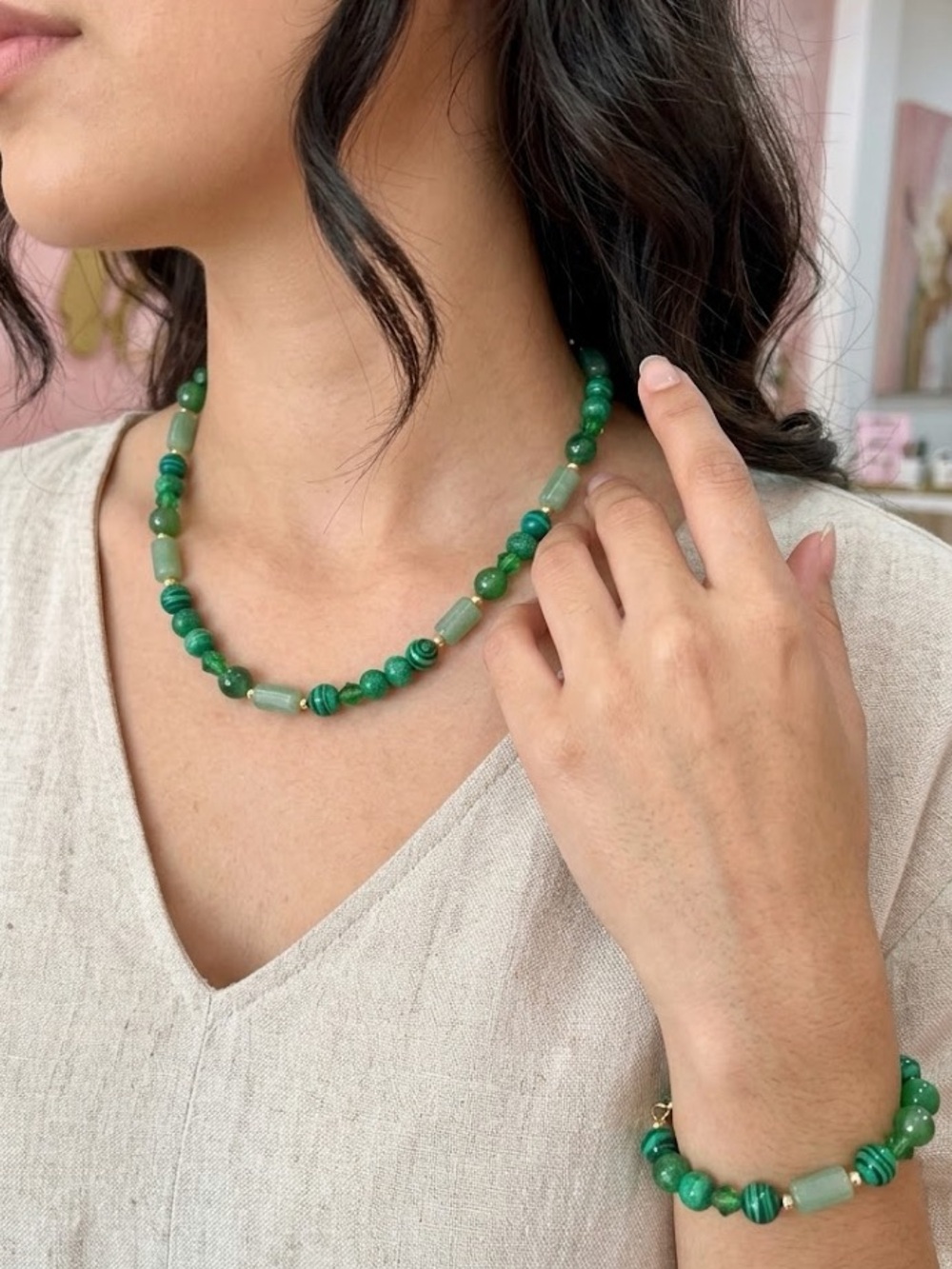 Sterling silver green quartz necklace and bracelet set